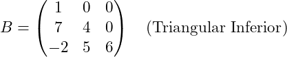 Rendered by QuickLaTeX.com $$ B = \begin{pmatrix} 1 & 0 & 0 \\ 7 & 4 & 0 \\ -2 & 5 & 6 \end{pmatrix} \quad (\text{Triangular Inferior}) $$