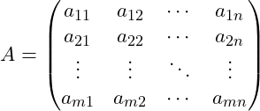 \[A = \begin{pmatrix}a_{11} & a_{12}& \cdots & a_{1n}\\a_{21} & a_{22}& \cdots & a_{2n}\\\vdots & \vdots& \ddots & \vdots\\a_{m1} & a_{m2}& \cdots & a_{mn}\end{pmatrix}\]