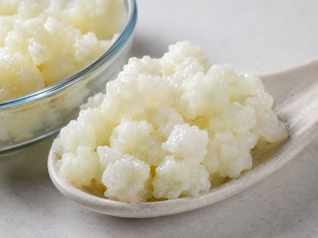 Gránulos de kéfir de leche blancos y húmedos, con su característica estructura irregular similar a una coliflor.
