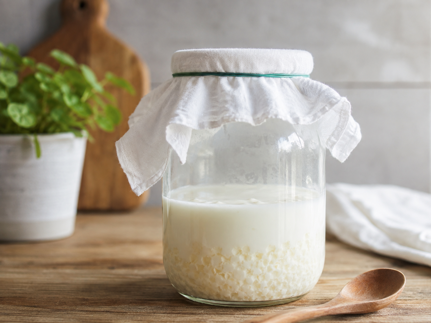 Vaso de kéfir de leche junto a una cuchara y un recipiente con gránulos de kéfir.